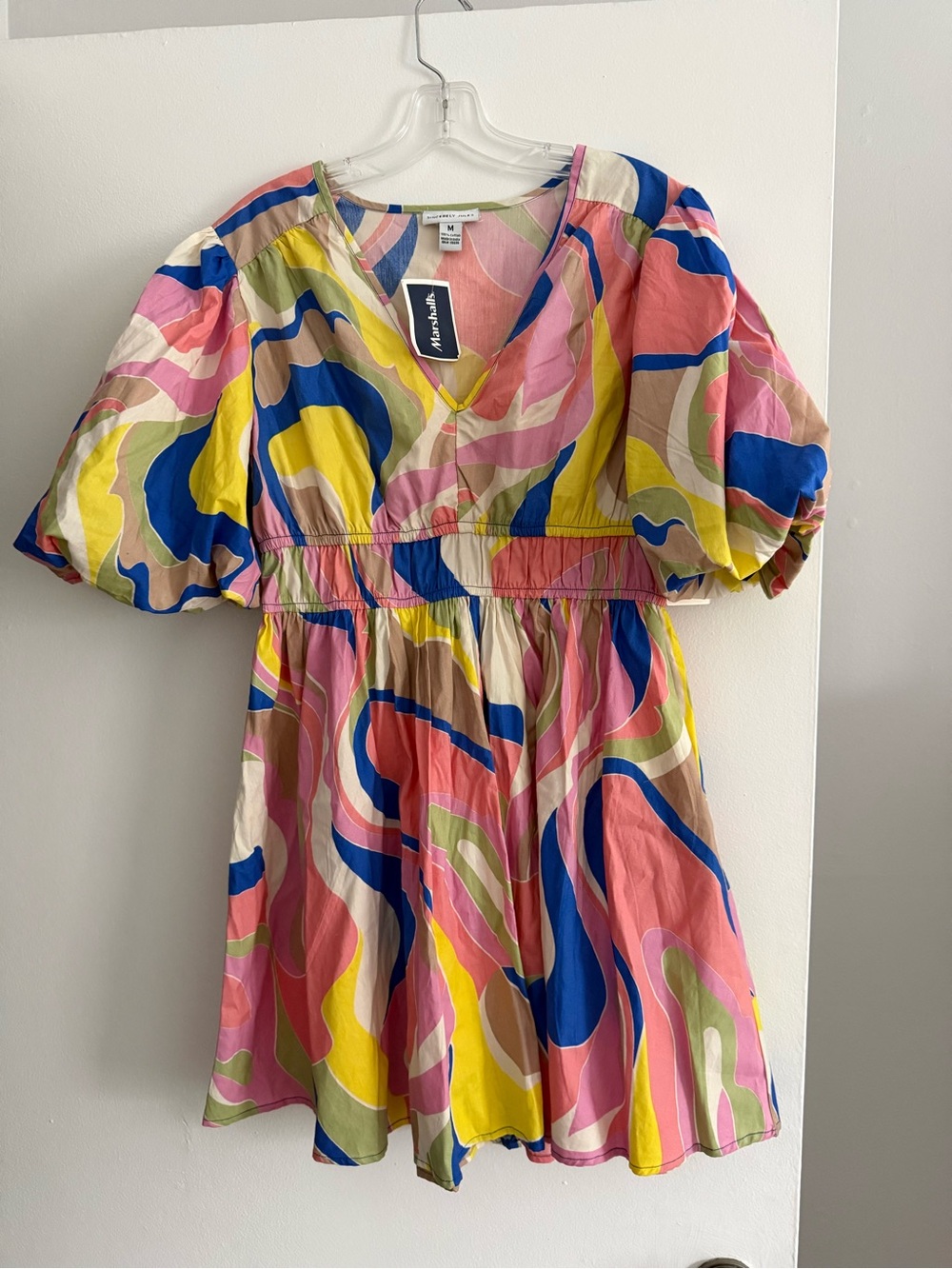 Sincerly Jules Multicolor Abstract Swirl Women’s Dress in Pink, Blue & Yellow